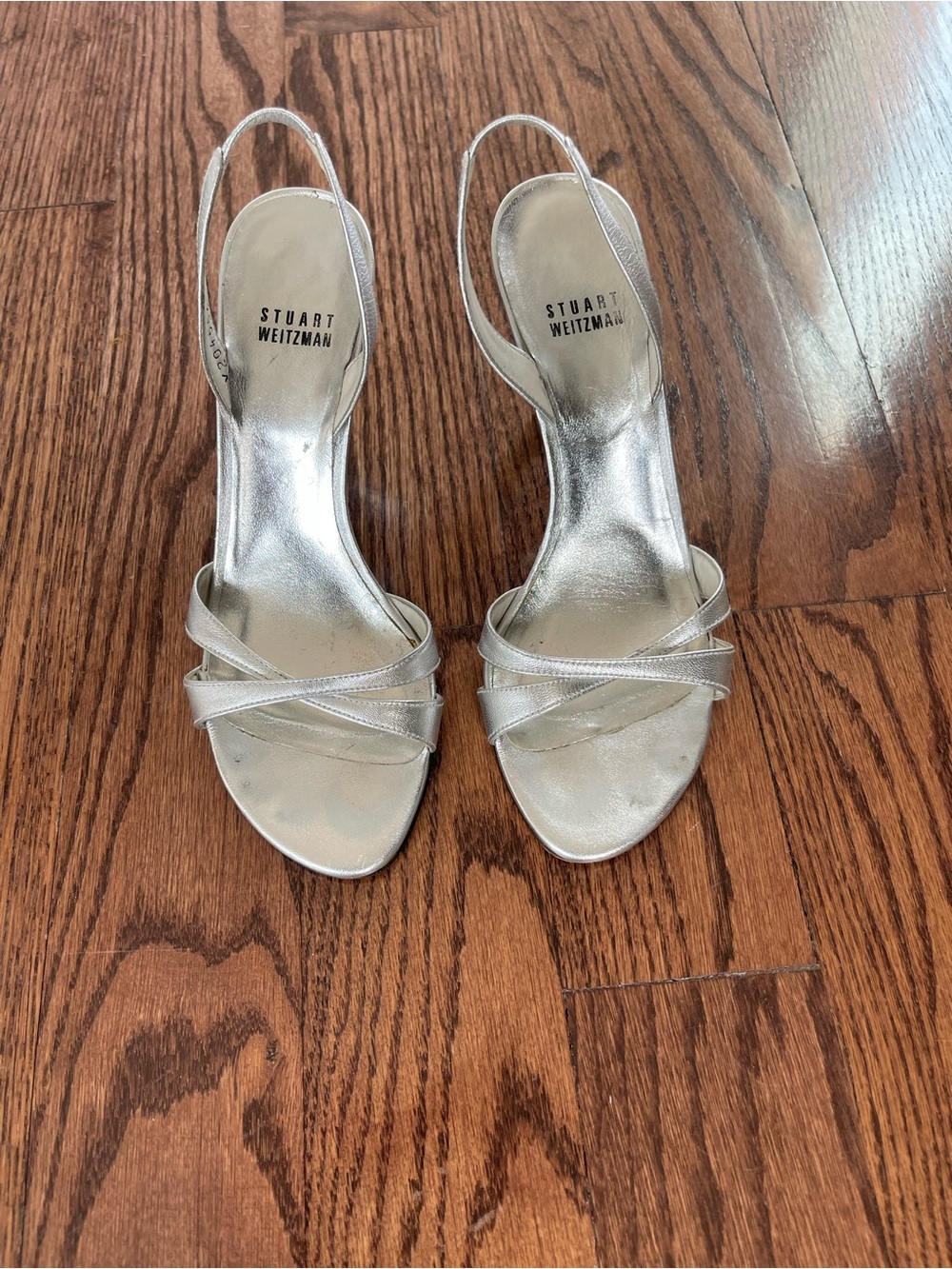 Stuart Weitzman Metallic Silver Strappy Slingback Heels